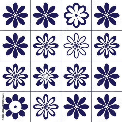 Set of four abstract vector flowers with pink petals seamless floral pattern design