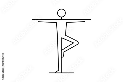 Minimalist stick figure doing yoga in tree pose with geometric shapes