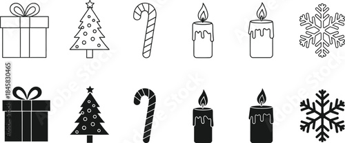 Black and white christmas icons isolated on transparent background