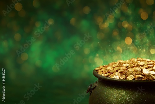 Pot of gold coins on green bokeh background