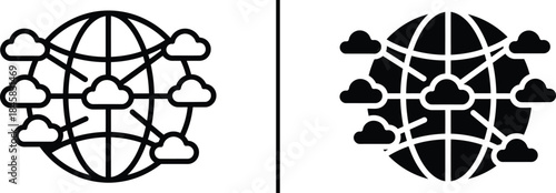 Global cloud computing network icon with globe and multiple clouds for worldwide data storage