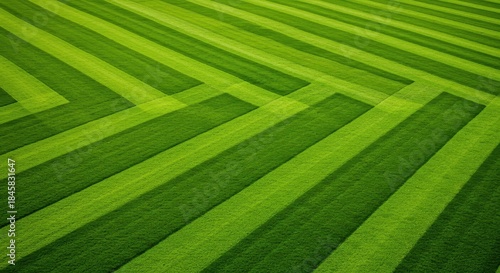 Geometric patterns created by mechanized lawn care equipment leaving precise stripes across a vibrant green surface field, efficiency, uniform, field