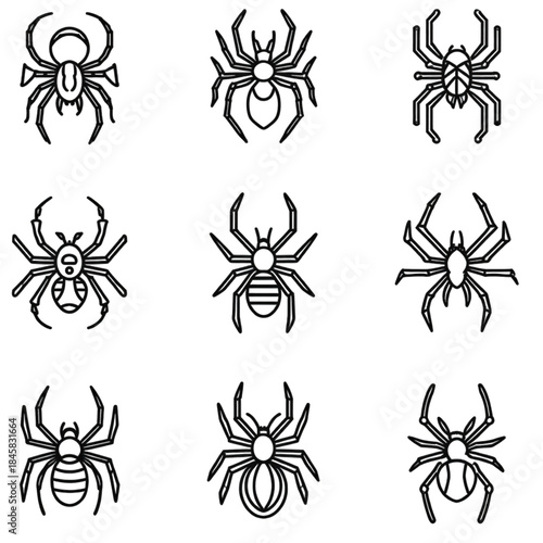 Collection of nine different spider line art icons.