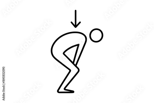 Minimalist line art of human bowing gesture with downward arrow
