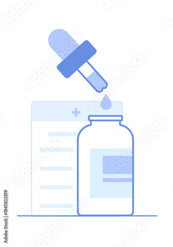 Flat illustration of medicine dropper in front of patient information leaflet.