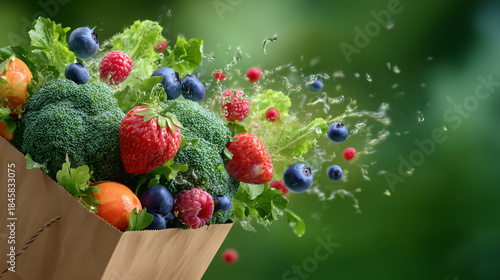 Brown paper bag bursting with fresh produce, colorful fruits and vegetables floating outward in dynamic motion, minimalist green backdrop with empty space for text, eco-friendly ve