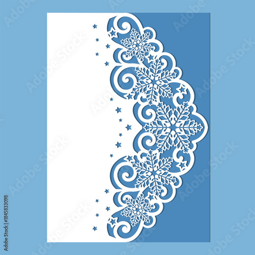 Christmas card with snowflakes. Laser-cut paper template. For designing Christmas, New Year's, and wedding cards, envelopes, invitations, etc. Vector.