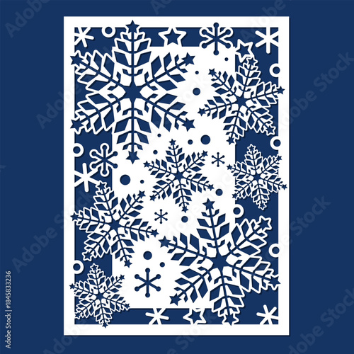 Christmas card with snowflakes. Laser-cut template for paper, wood, and merino. Suitable for Christmas and New Year's invitations, greetings, interior design elements, and more. Vector