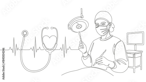 Continuous line drawing of a surgeon performing an operation with medical equipment and heartbeat monitor.