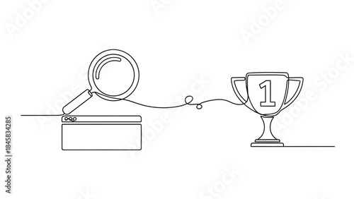 Continuous one line drawing of a magnifying glass on a box connected to a trophy, representing research and success.