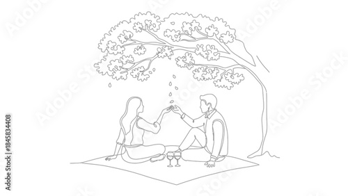 Continuous line drawing of a young couple enjoying a romantic picnic under a tree, toasting with wine glasses.