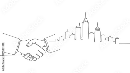 Continuous line drawing of two businessmen shaking hands in front of a city skyline, symbolizing a successful partnership and urban development.