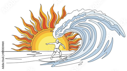 Stylized illustration of a surfer riding a wave with a fiery sun in the background, depicting summer and adventure.