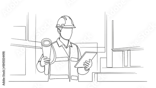 Continuous line drawing of an engineer or architect holding blueprints and a tablet on a construction site.
