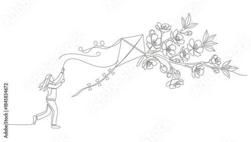 Continuous line drawing of a young woman flying a kite decorated with beautiful spring flowers, representing freedom and joy.