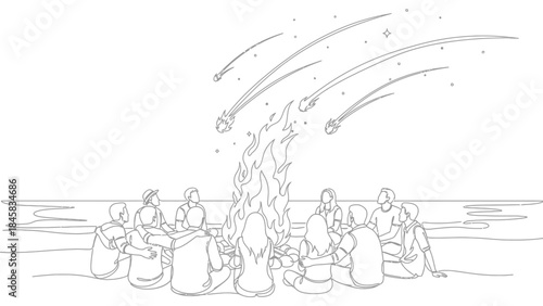 Group of friends gathered around a campfire on the beach, watching shooting stars in the night sky, line art illustration.