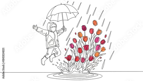 Continuous line drawing of a happy child jumping in a puddle with tulips and an umbrella, symbolizing spring and joy.