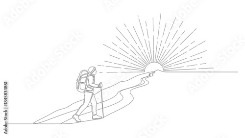 Hiker with backpack and trekking poles walking towards a rising sun over a winding path, symbolizing adventure and new beginnings.