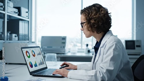 Wallpaper Mural Female scientist analyzing data on laptop in modern laboratory, research and innovation Torontodigital.ca