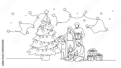 Continuous line drawing of a family decorating a Christmas tree and exchanging gifts, celebrating the holiday season together.
