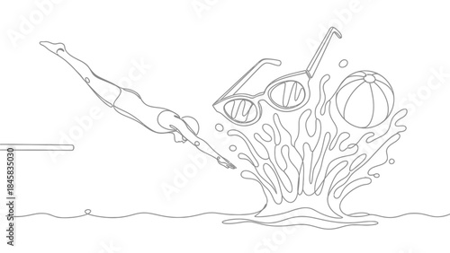 A person diving into a pool with a splash, sunglasses, and a beach ball, illustrating summer fun and aquatic activities.