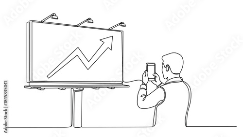 Continuous line drawing of a businessman taking a photo of a billboard with an arrow graph showing growth.