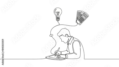 Continuous one line drawing of young male graphic designer creating new idea for project on tablet with lightbulb and color palette above his head.