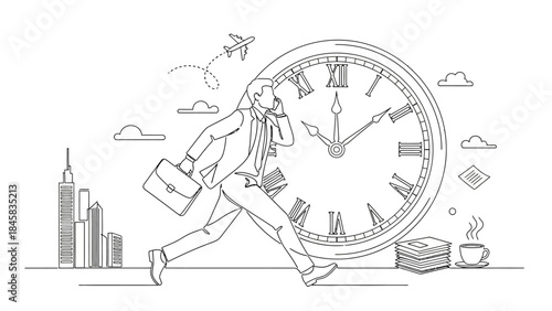 Businessman running with a briefcase, representing time management and busy work life.