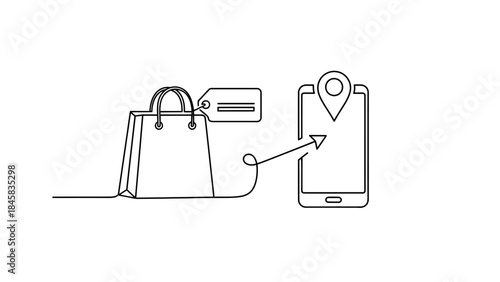 Online shopping and delivery service concept with shopping bag, barcode, smartphone, and location pin in continuous line art style.