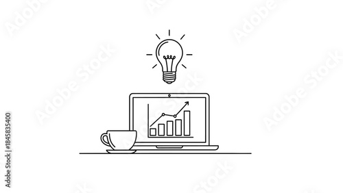 Creative business idea and financial analysis concept with laptop, coffee, and lightbulb illustration.
