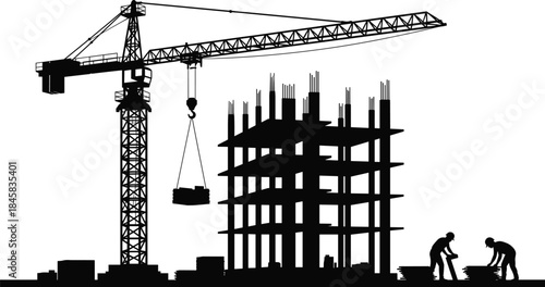 Silhouette illustration of construction site with tower crane, workers, building framework, heavy machinery, and civil engineering equipment in progress