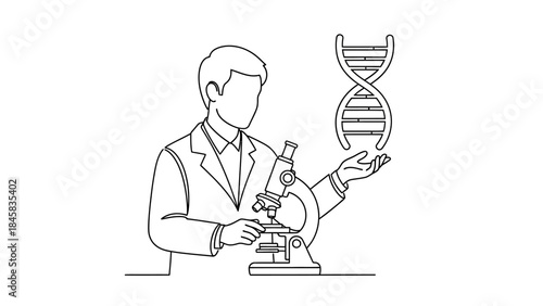 Continuous line drawing of a scientist working with a microscope and DNA helix for genetic research.