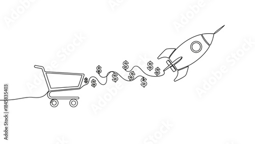 Continuous line drawing of shopping cart with rocket and dollar signs, symbolizing fast e-commerce growth and business success.
