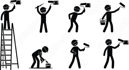 Silhouette illustration of painters using ladders, rollers, and brushes with buckets, representing painting work, labor, and home improvement tasks