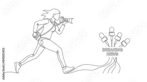 Single continuous line drawing of a female journalist running with camera to capture breaking news event, vector illustration.