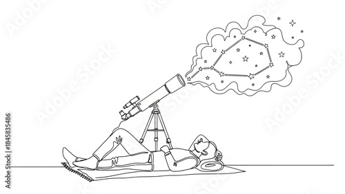 Continuous one line drawing of young woman looking through telescope and seeing constellation in night sky.