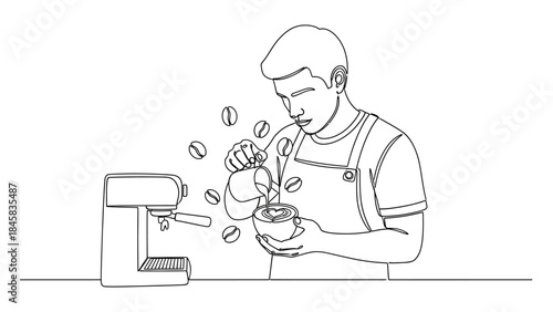 Continuous line drawing of a barista pouring milk into a coffee cup, creating latte art with coffee beans floating around.