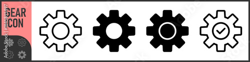 Set of gear and settings icons in outline and filled styles. Perfect for UI UX, apps, system preferences, configuration panels, controls and setup interfaces. Color icon set