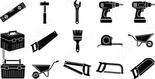 Collection of construction and DIY tool silhouette icons including hammer, drill, saw, toolbox, wheelbarrow, wrench, paintbrush, and measuring equipment