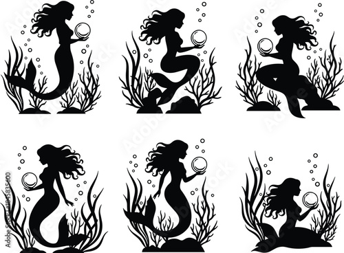 Black silhouettes of mermaids underwater holding pearls with flowing hair, aquatic plants, bubbles, fantasy mythology artwork design