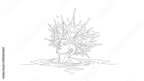 Abstract line art drawing of a woman emerging from water with a splash crown, symbolizing rebirth and transformation.