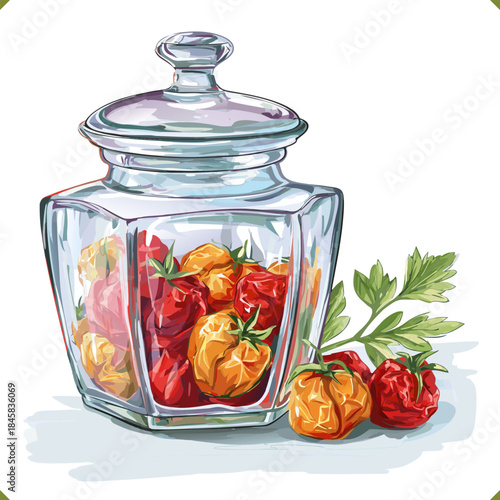 Vector illustration of sun-dried tomatoes. Vector illustration of a glass jar filled with tomatoes, isolated on a white background