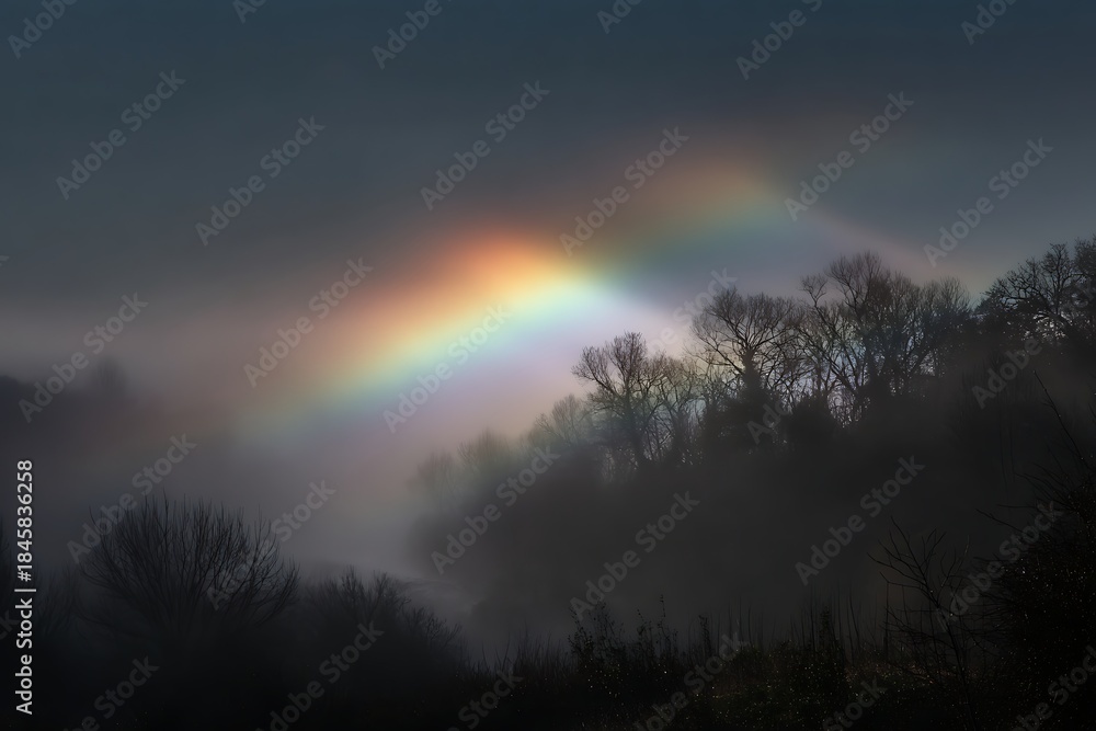 Fototapeta premium Fogbow appearing over misty dark forest in nature