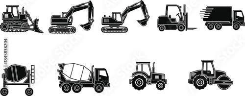 Black silhouette icons of construction and industrial vehicles including bulldozer, excavator, forklift, cement mixer, truck, tractor, and roller