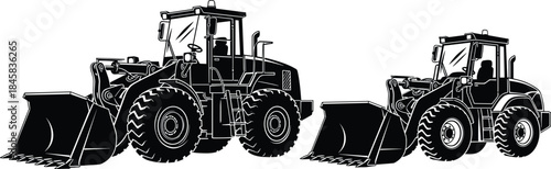 Black and white silhouettes of front-end loaders with buckets, heavy construction equipment used for scooping, lifting, and moving materials