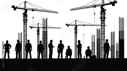 Black and White Silhouette of Construction Workers with Cranes, Steel Bars, and Infrastructure Building Scene Showing Industrial Workforce Collaboration