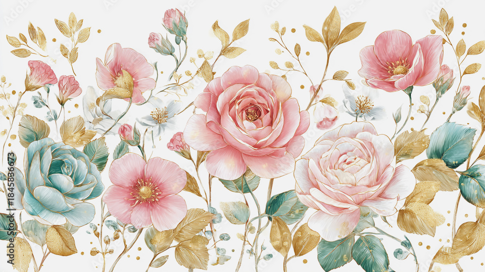 Fototapeta watercolor botanical Rose flower flowers texture template background.Elegant wedding invitation card background . Minimal hand painted Design for wedding or Valentine's Day