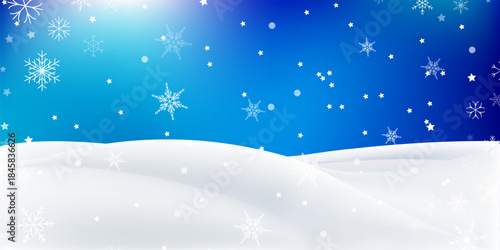Bright festive background with white snowflakes, stars and soft snowdrifts. Great for New Year cards, posters, banners and winter holiday project