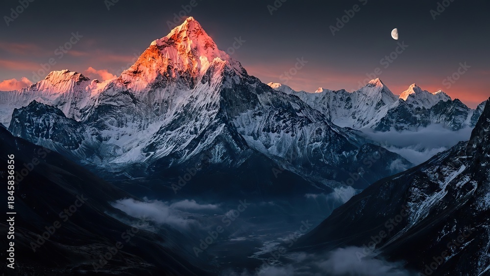 Fototapeta premium Snowy mountain peak at sunrise with moon in the sky, Himalayan landscape