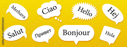 World hello day banner with bubbles